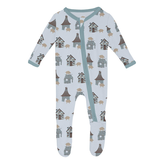 Print Footie with 2 Way Zipper, Illusion Blue Three Little Pigs