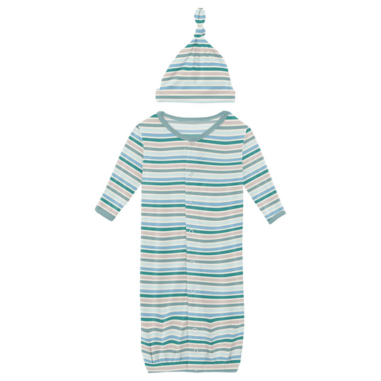 Print Layette Gown Converter & Single Knot Hat Set, Lakeside Stripe