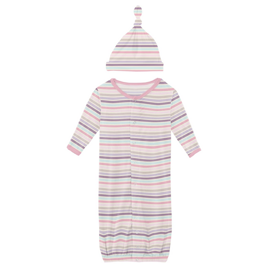 Print Layette Gown Converter & Single Knot Hat Set, Ice Cream Stripe