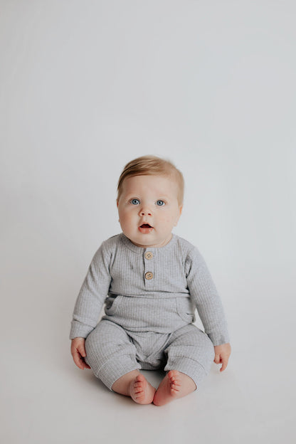 Gray Baby Ribbed Playsuit with pockets