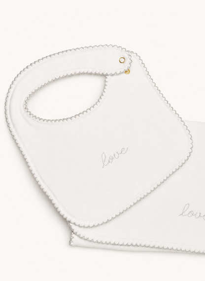Baby Bib & Burp Cloth Set - Embroidered "Love"
