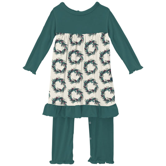 Print Long Sleeve Dress Romper in Natural Holiday Wreath