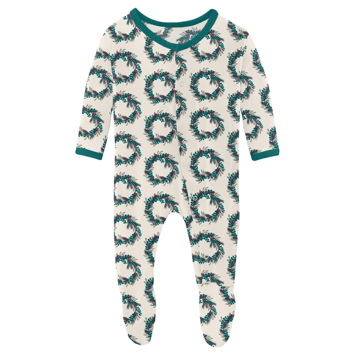 Print Footie with Snaps in Natural Holiday Wreath