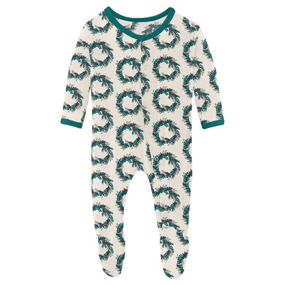 Print Footie with Snaps in Natural Holiday Wreath