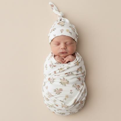 Organic Swaddle Blanket & Hat Set  - Meadow