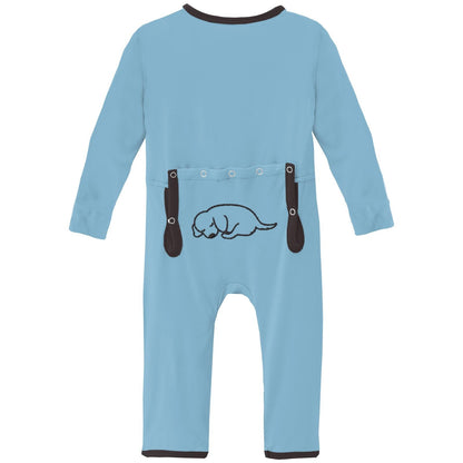 Applique Coverall with 2 Way Zipper in Seaside Blue Dog