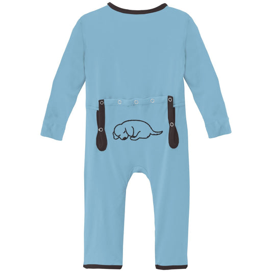 Applique Coverall with 2 Way Zipper in Seaside Blue Dog