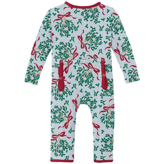 Print Coverall with 2 Way Zipper in Illusion Blue Mistletoe & Ribbons