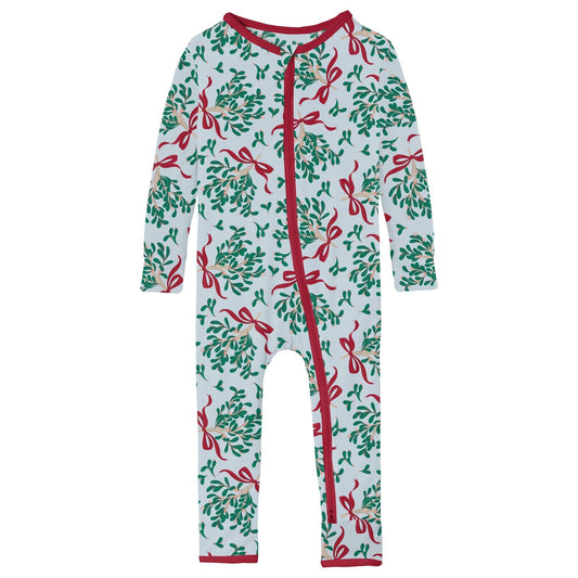 Print Coverall with 2 Way Zipper in Illusion Blue Mistletoe & Ribbons