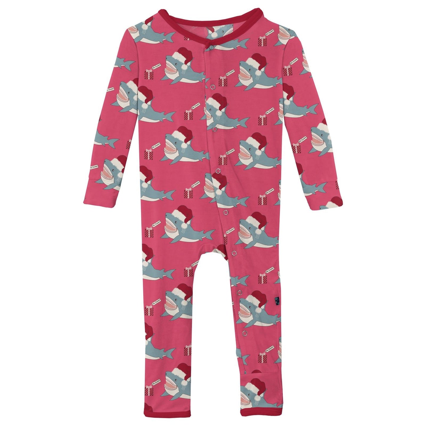 Print Coverall with Snaps in Winter Rose Holiday Sharks