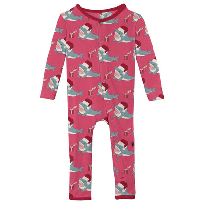 Print Coverall with Snaps in Winter Rose Holiday Sharks