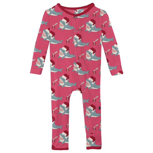 Print Coverall with Snaps in Winter Rose Holiday Sharks