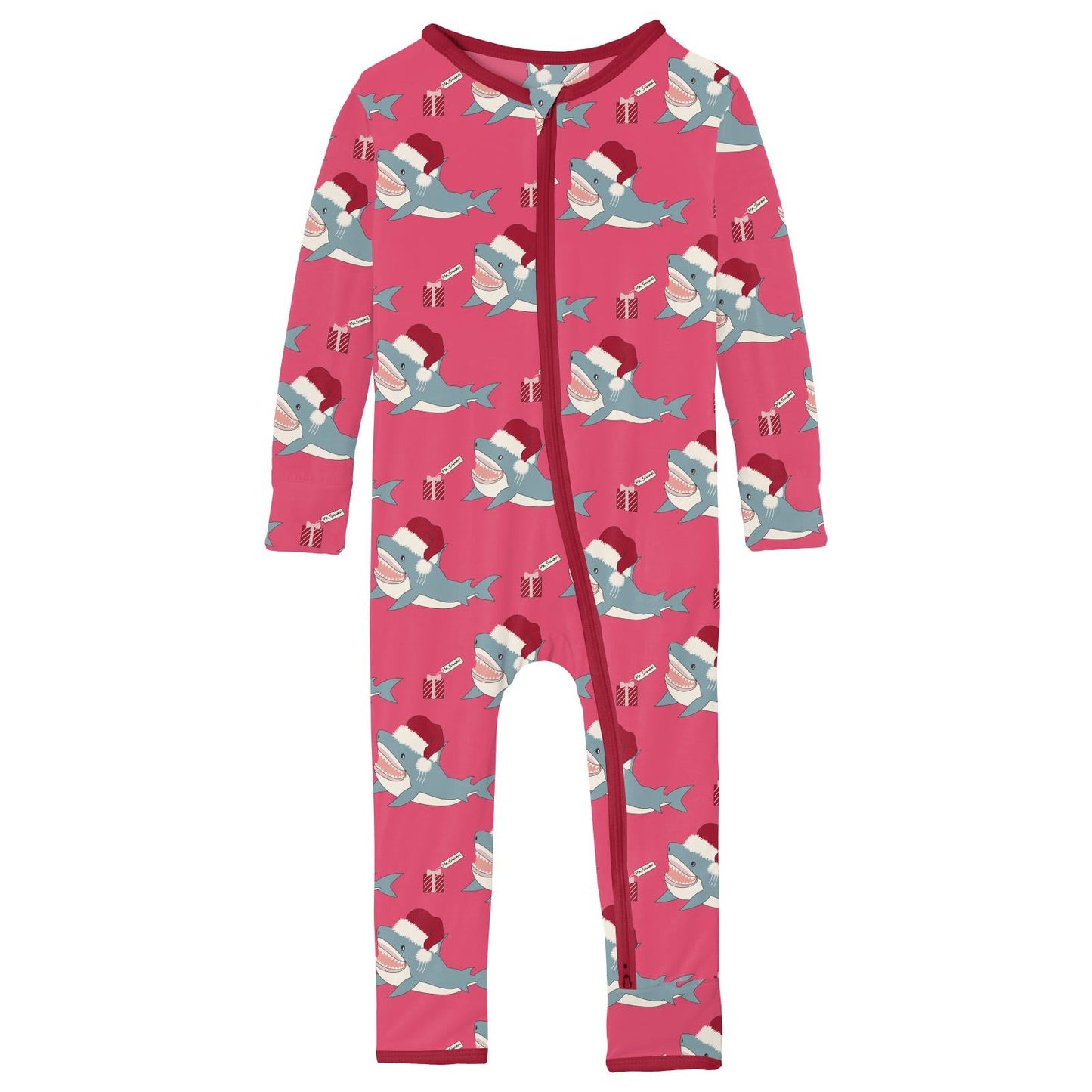 Print Coverall with 2 Way Zipper in Winter Rose Holiday Sharks
