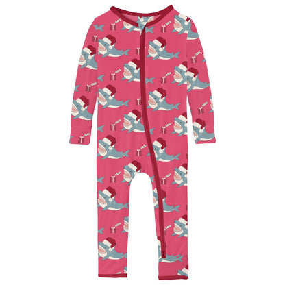 Print Coverall with 2 Way Zipper in Winter Rose Holiday Sharks