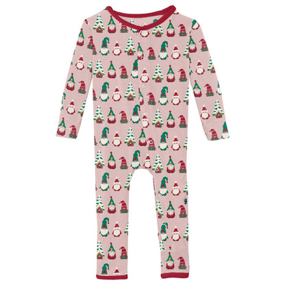 Print Coverall with Snaps in Baby Rose Gnomes