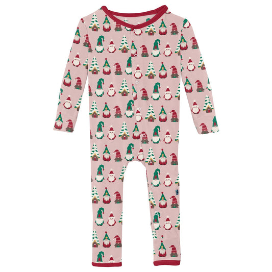 Print Coverall with Snaps in Baby Rose Gnomes