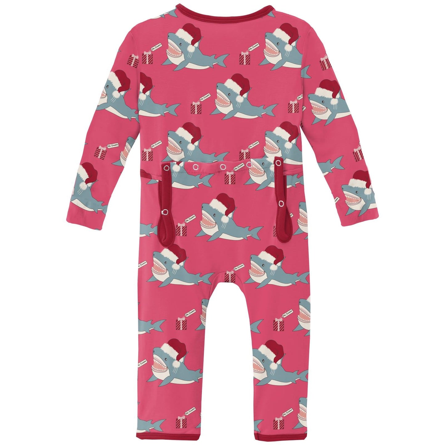 Print Coverall with Snaps in Winter Rose Holiday Sharks