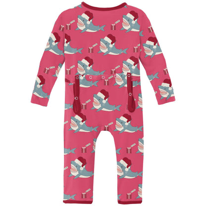 Print Coverall with Snaps in Winter Rose Holiday Sharks