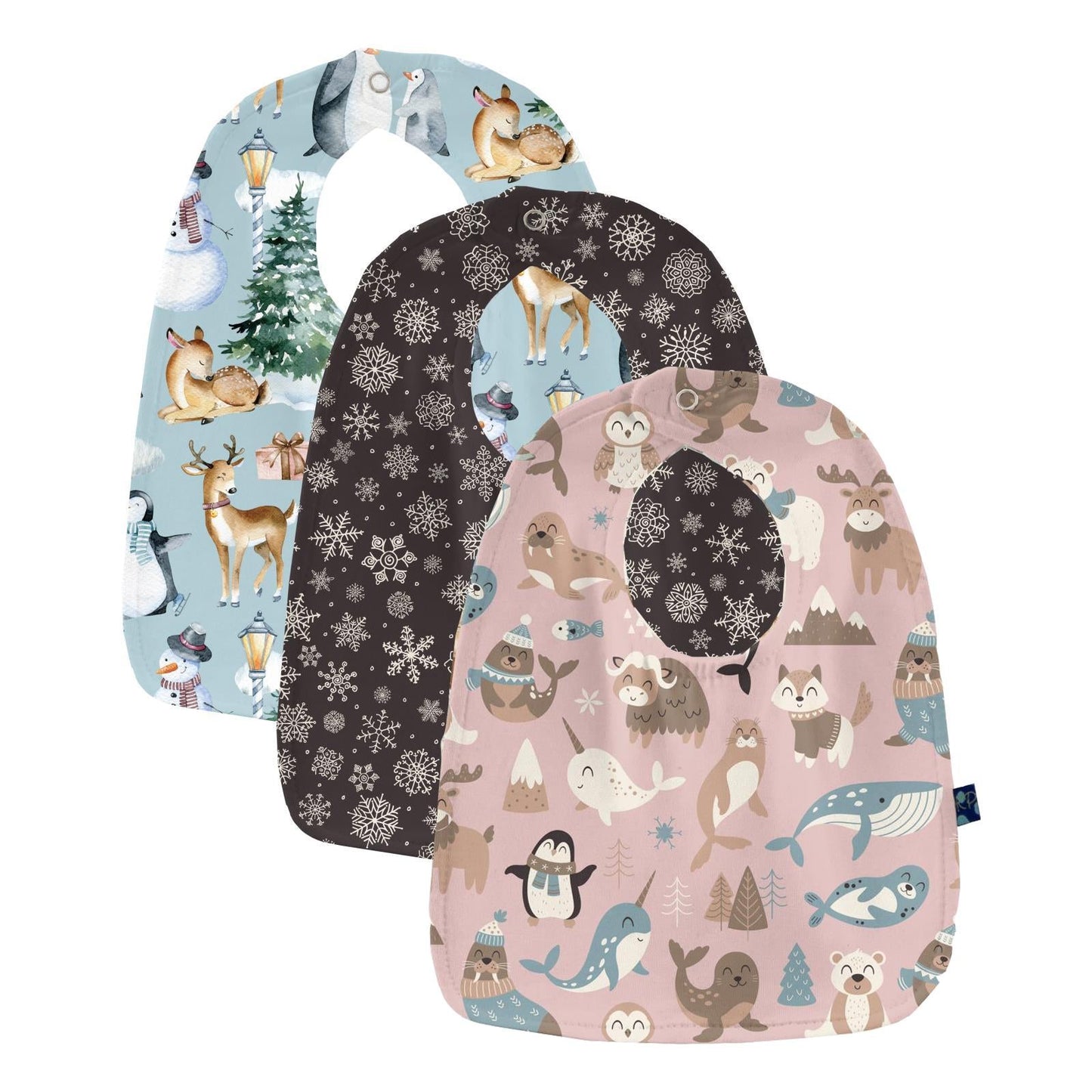 Print Bib Set of 3 in Baby Rose Arctic Animals, Chalkboard Snowflakes & Spring Sky Winter Woodland