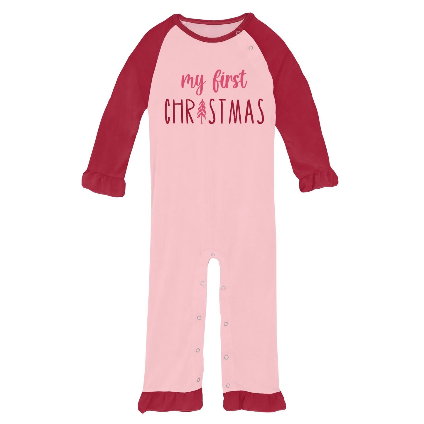 Graphic Ruffle Raglan Romper in Lotus First Christmas