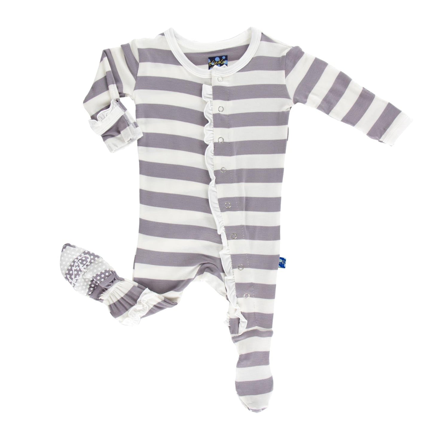 Print Layette Ruffle Footie with Snaps in Feather Contrast Stripe