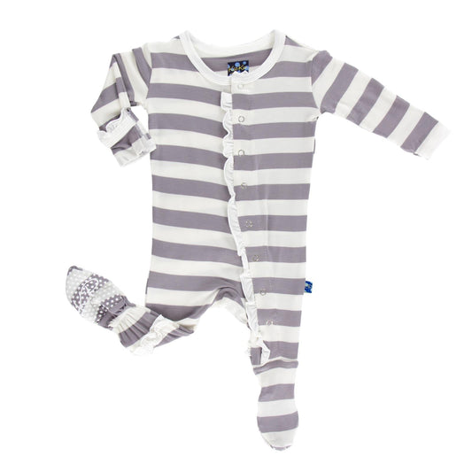 Print Layette Ruffle Footie with Snaps in Feather Contrast Stripe