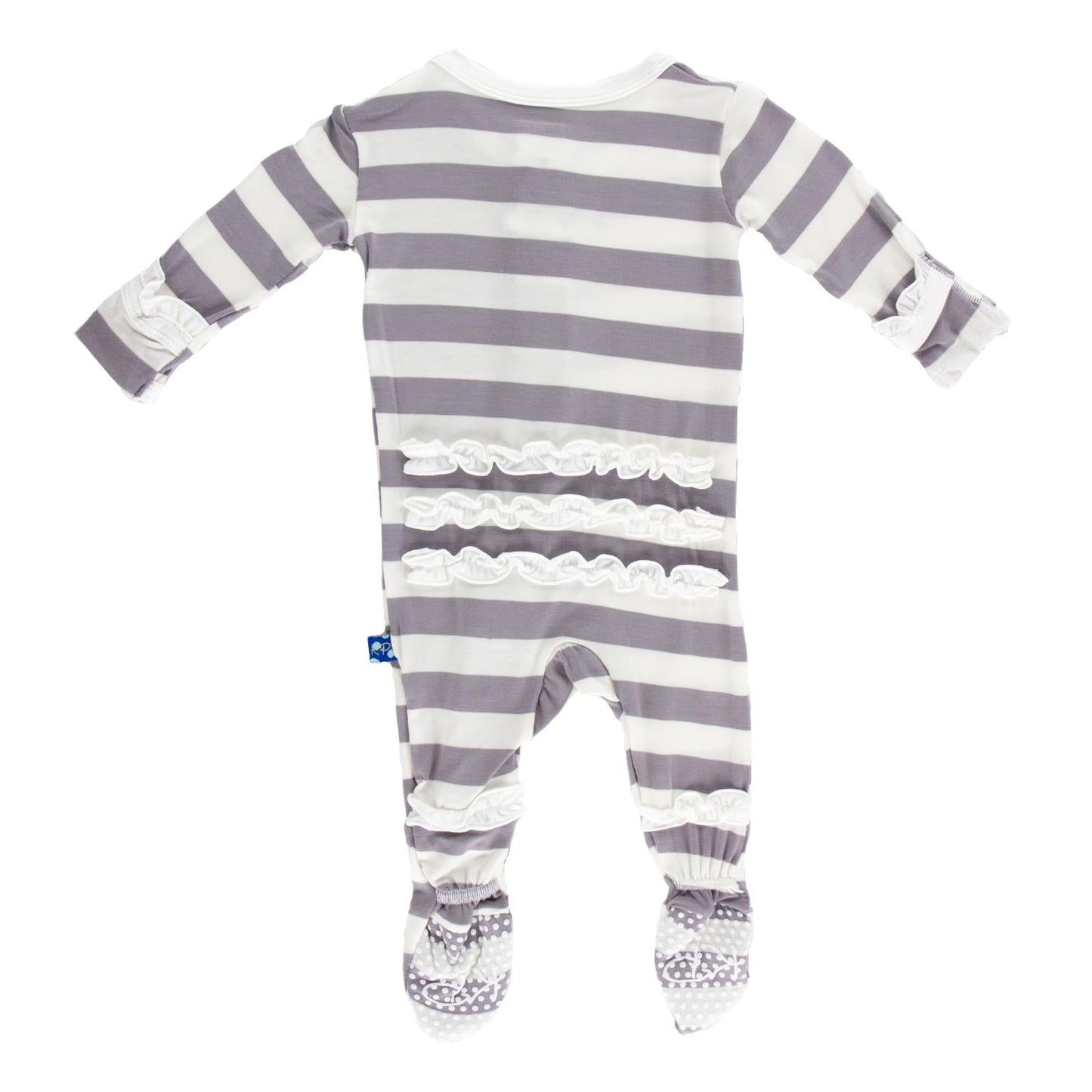 Print Layette Ruffle Footie with Snaps in Feather Contrast Stripe