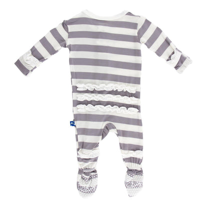 Print Layette Ruffle Footie with Snaps in Feather Contrast Stripe