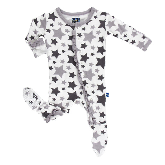 Print Layette Ruffle Footie with Snaps in Feather/Rain Stars