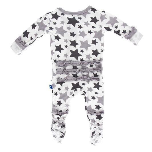 Print Layette Ruffle Footie with Snaps in Feather/Rain Stars
