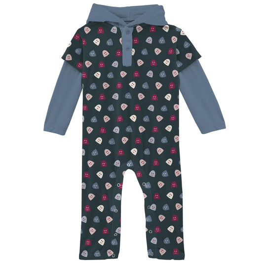 Print Long Sleeve Hoodie Romper in Pine Happy Gumdrops