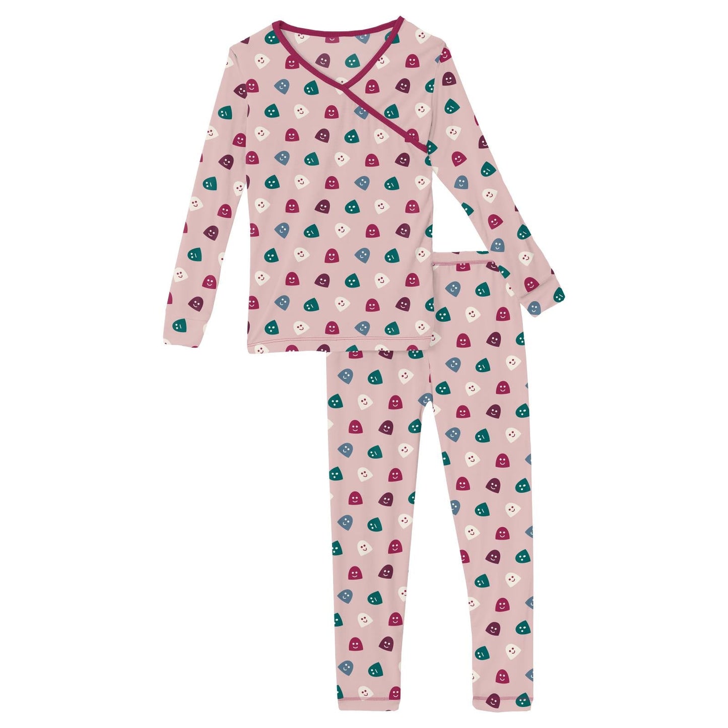 Print Long Sleeve Kimono Pajama Set in Baby Rose Happy Gumdrops