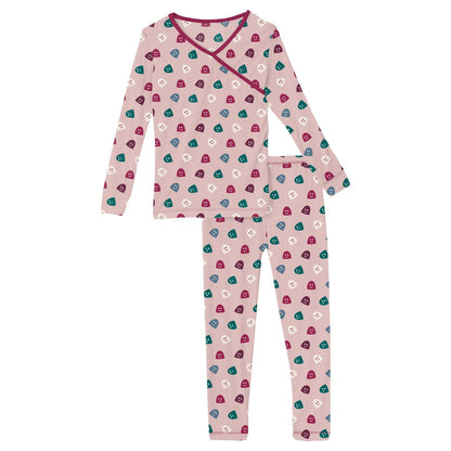 Print Long Sleeve Kimono Pajama Set in Baby Rose Happy Gumdrops