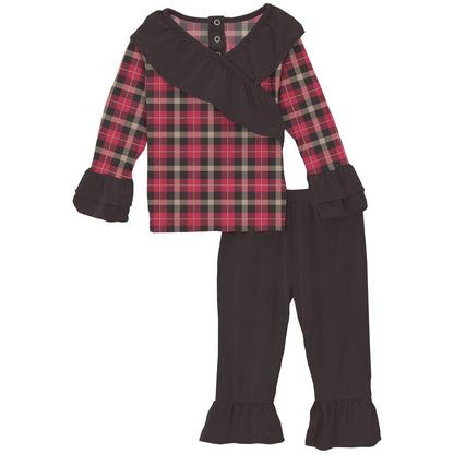 Print Long Sleeve Kimono Ruffle Outfit Set in 90's Plaid