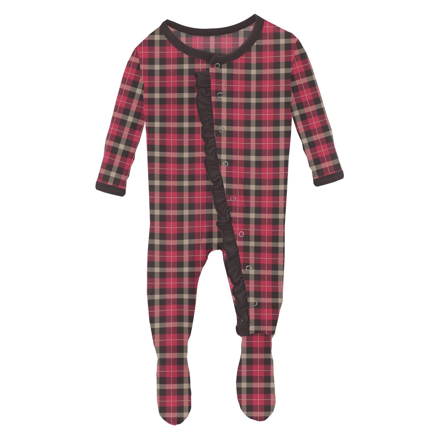 Print Layette Ruffle Footie with Snaps in 90's Plaid