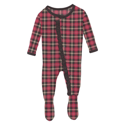 Print Layette Ruffle Footie with Snaps in 90's Plaid