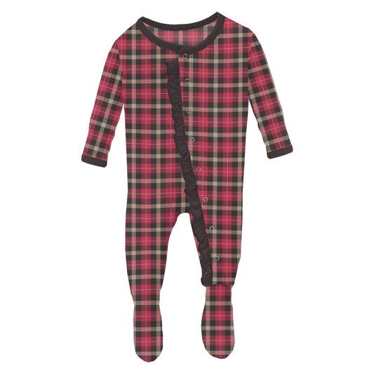 Print Layette Ruffle Footie with Snaps in 90's Plaid