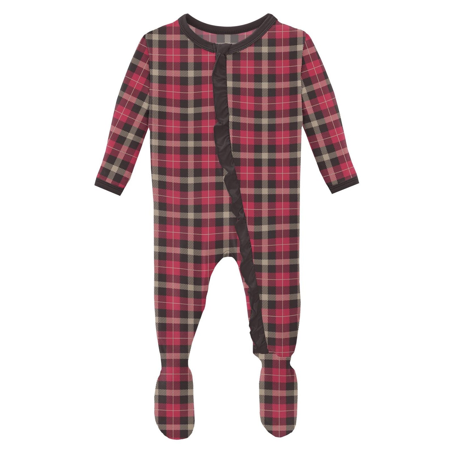 Print Layette Ruffle Footie with 2 Way Zipper in 90's Plaid