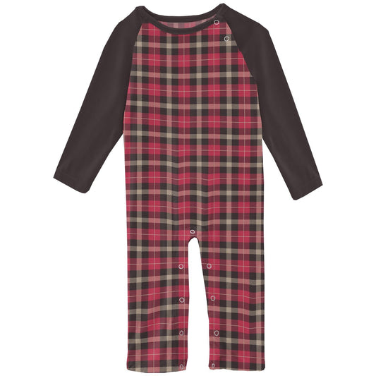 Print Long Sleeve Raglan Romper in 90's Plaid