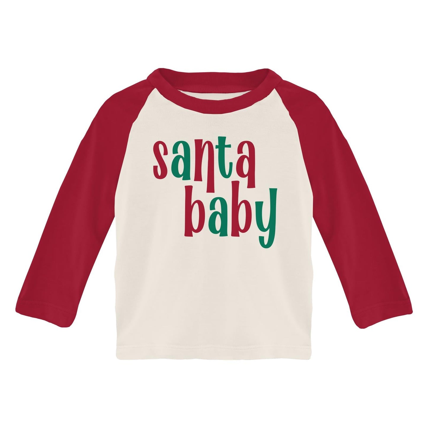 Long Sleeve Crew Neck Graphic Raglan Tee in Natural Santa Baby