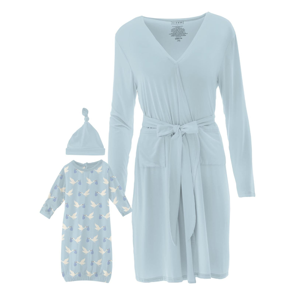 Women's Print Mid Length Lounge Robe & Layette Gown Set in Spring Sky Stork