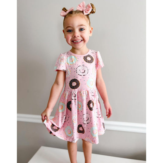 Print Flutter Sleeve Twirl Dress with Pockets in Cake Pop Donuts and Sprinkles