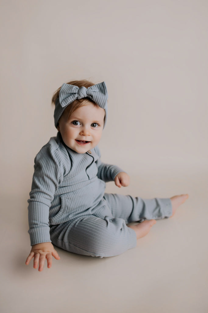 Blissful Blue Baby Ribbed Playsuit with pockets