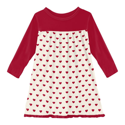 Print Long Sleeve Swing Dress in Natural Hearts