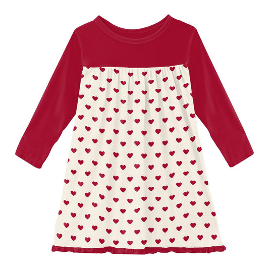 Print Long Sleeve Swing Dress in Natural Hearts