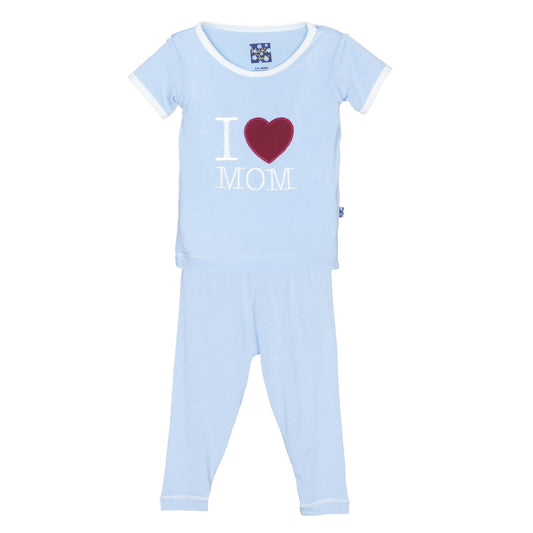Holiday Short Sleeve Applique Pajama Set in Pond I Love Mom
