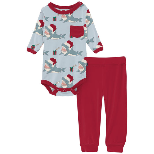 Print Long Sleeve Pocket One Piece & Pants Outfit Set in Illusion Blue Holiday Sharks