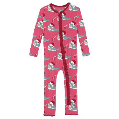 Print Muffin Ruffle Coverall with 2 Way Zipper in Winter Rose Holiday Sharks