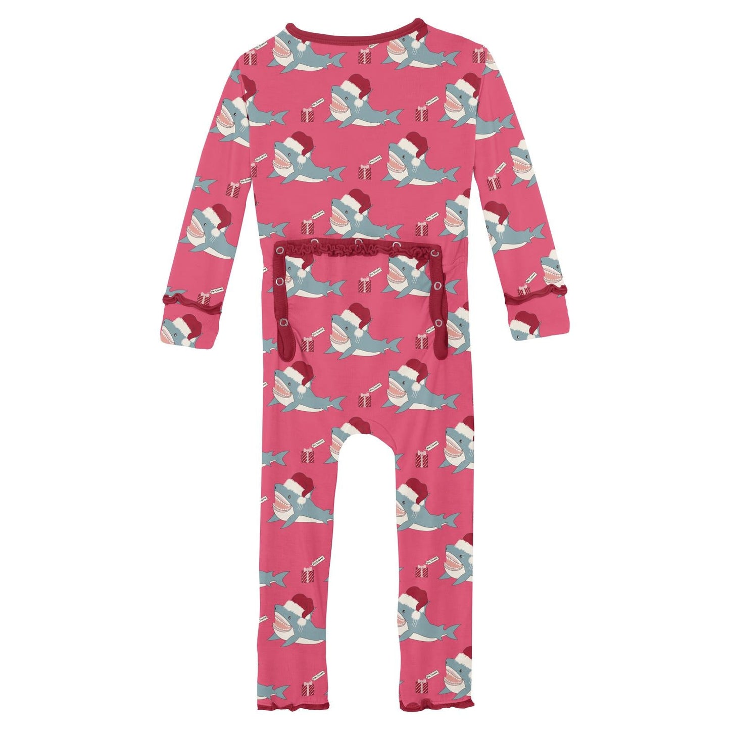 Print Muffin Ruffle Coverall with 2 Way Zipper in Winter Rose Holiday Sharks
