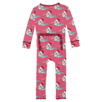 Print Muffin Ruffle Coverall with 2 Way Zipper in Winter Rose Holiday Sharks